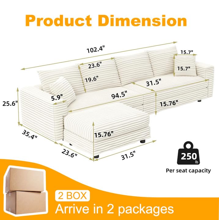 102.4 "Plush Corduroy 4-Seat Sofa,Modern Comfy Upholstered Sofa Cloud Couch,Deep Seat Couches with Soft Pillows and Movable Ottoman,Convertible Sofa Lounge Chair,Office,Beige(Old SKU W1885S00108