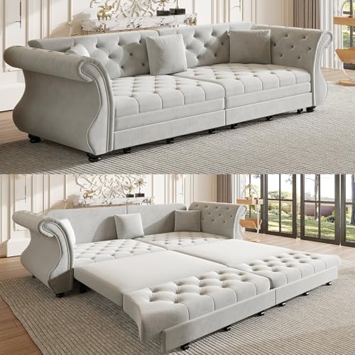 Velvet Pull-Out Sofa Bed, 3-in-1 Convertible Sleeper Sofa with Pillows, Button Tufted Chesterfield King Size Couch for Small Spaces & Apartments (Beige, 97.6")