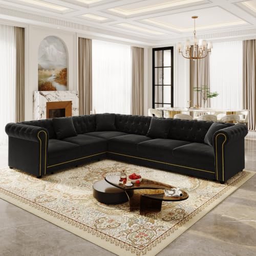 115'' Velvet L-Shaped Convertible Button Tufted Sleeper Sofa Couch, Luxury Oversized Pull-Out Sofa Bed with Gold Trim Rolled Arms and Throw Pillows for Living Room