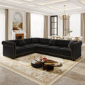 115'' Velvet L-Shaped Convertible Button Tufted Sleeper Sofa Couch, Luxury Oversized Pull-Out Sofa Bed with Gold Trim Rolled Arms and Throw Pillows for Living Room