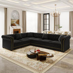 115'' Velvet L-Shaped Convertible Button Tufted Sleeper Sofa Couch, Luxury Oversized Pull-Out Sofa Bed with Gold Trim Rolled Arms and Throw Pillows for Living Room