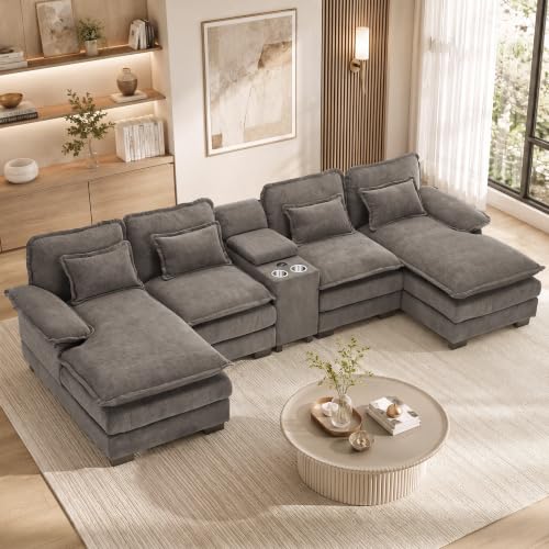 133" U Shaped Sectional Sofa with Double Chaise and Console, Grey