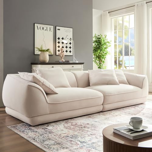 110" Modern Velvet Sofa, Luxury Curved Couch, Comfy Fluffy Cloud Sofa Deep Seat, Oversized Modular Sectional Sofa, Minimalist Memory Foam Upholstery Sofa for Living Room Office Apartment, Beige