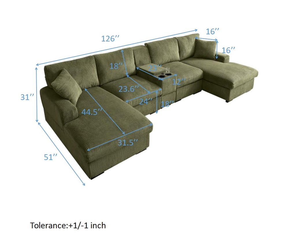 126" Oversized U Shaped Couch,Cloud Couch with Console,USB,Cup Holders & Storage,Corduroy Couch,which can be Used as a Recliner Couch for Living Room or Apartment.(Green)