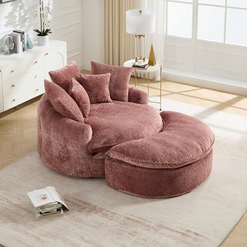 Wrofly 81.1" W Oversized Round Chaise Lounge, Fluffy Lazy Bean Bag Sofa with 14 Pillows, Comfy Chenille Upholstered Barrel Sleeper Bed, Modern Deep Seat Cloud Couch for Living Room, Emerald