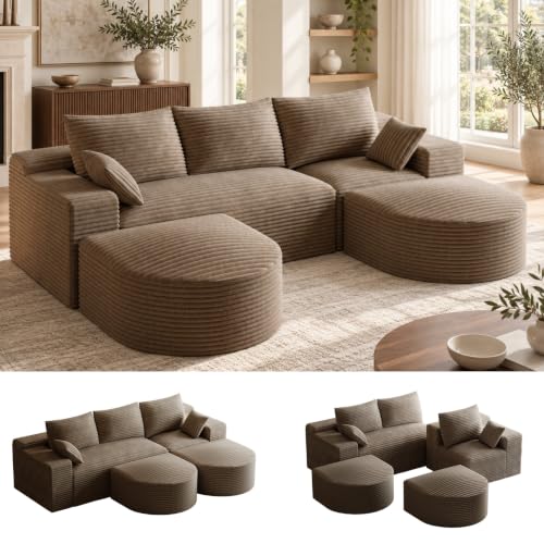 107" U-Shaped Modular Boneless Sectional Sofa with Curved 2 Ottomans, Camel
