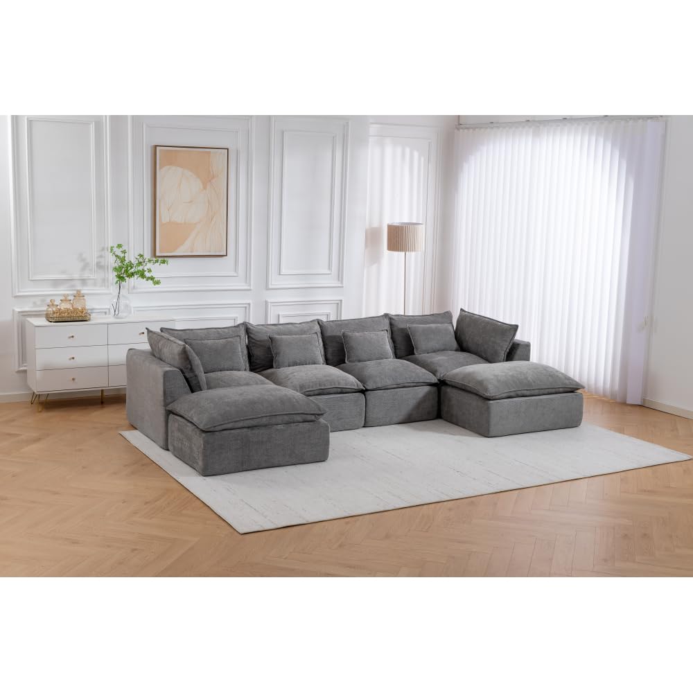 129.8" Width Cloud Couch Oversized Modular Sectional Sofa True Relax Comfy Couches Wide Deep Seat Sofas for Living Room Furniture Sets, Waffle Fabric,4Seat with 2Ottoman