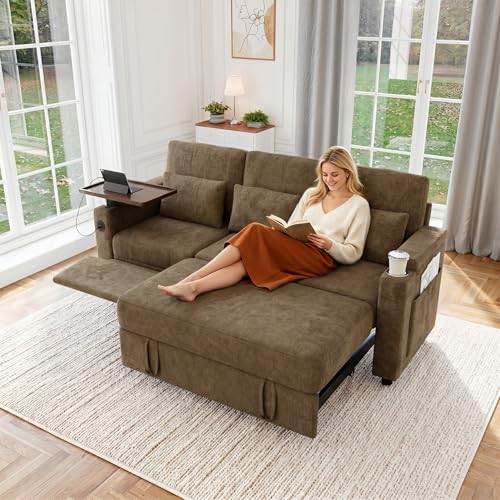 100" Modular Sectional Sleeper Sofa with Pull Out Bed, 7 Seat Corduroy U Shaped Couch with Storage Chaise|6-Position Backrest|Side Table|USB Port, Dark Grey Sectional Couches for Living Room