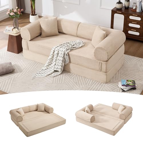 Tbfit Modular L Shaped Sectional Boneless Couch, Convertible Futon Sofa Bed, Corduroy Cloud Mattress Sleeper Sofa, Comfy Folding Upholstered Floor Couches for Living Room, Bedroom, Beige