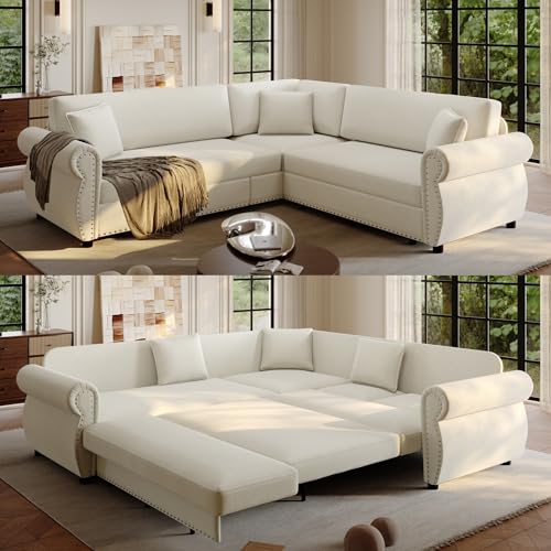 118" Sleeper Sofa Bed, Sectional Couches for Living Room/Apartment, Chenille L Shaped Couch with Pull Out Couch Bed, Convertible Sectional Sofa with Rolled Arm & Nailhead Trim, Green