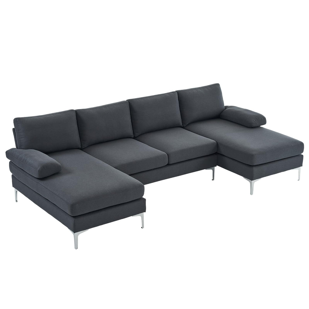 110" U-Shaped Sectional Sofa, 4-Seat Modular Couch with Double Chaise, Modern Linen Fabric Sofa for Living Room, Heavy Duty 1200lbs Capacity, Metal Legs, Dark Gray