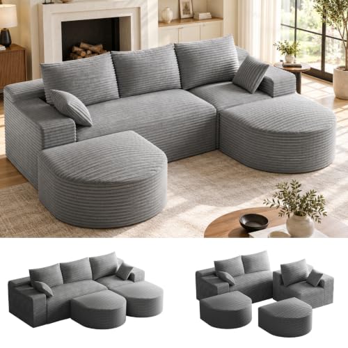 107" U-Shaped Modular Boneless Sectional Sofa with Curved 2 Ottomans, Camel