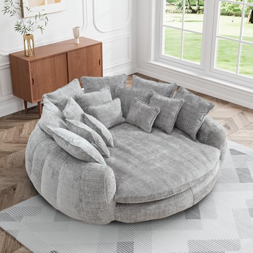 Wrofly 81.1" W Oversized Round Chaise Lounge, Fluffy Lazy Bean Bag Sofa with 14 Pillows, Comfy Chenille Upholstered Barrel Sleeper Bed, Modern Deep Seat Cloud Couch for Living Room, Emerald