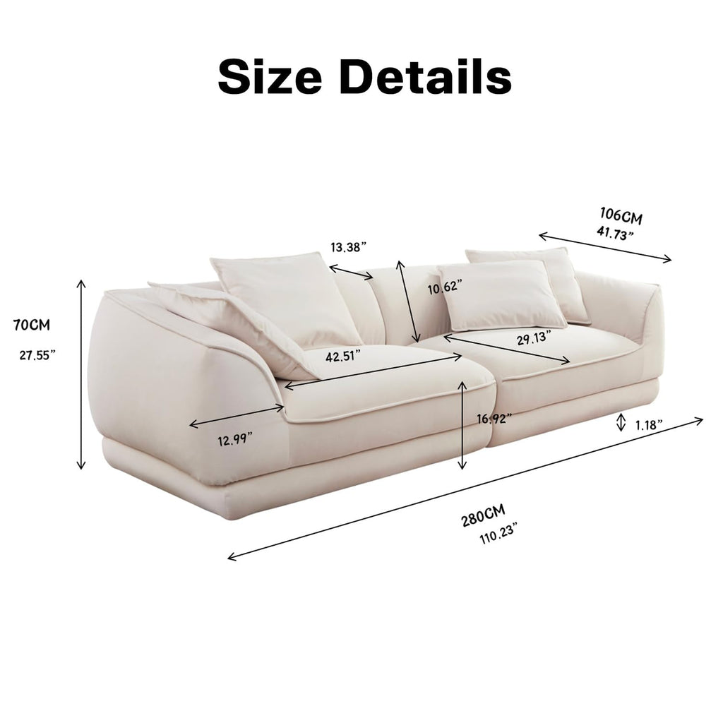 110" Modern Velvet Sofa, Luxury Curved Couch, Comfy Fluffy Cloud Sofa Deep Seat, Oversized Modular Sectional Sofa, Minimalist Memory Foam Upholstery Sofa for Living Room Office Apartment, Beige