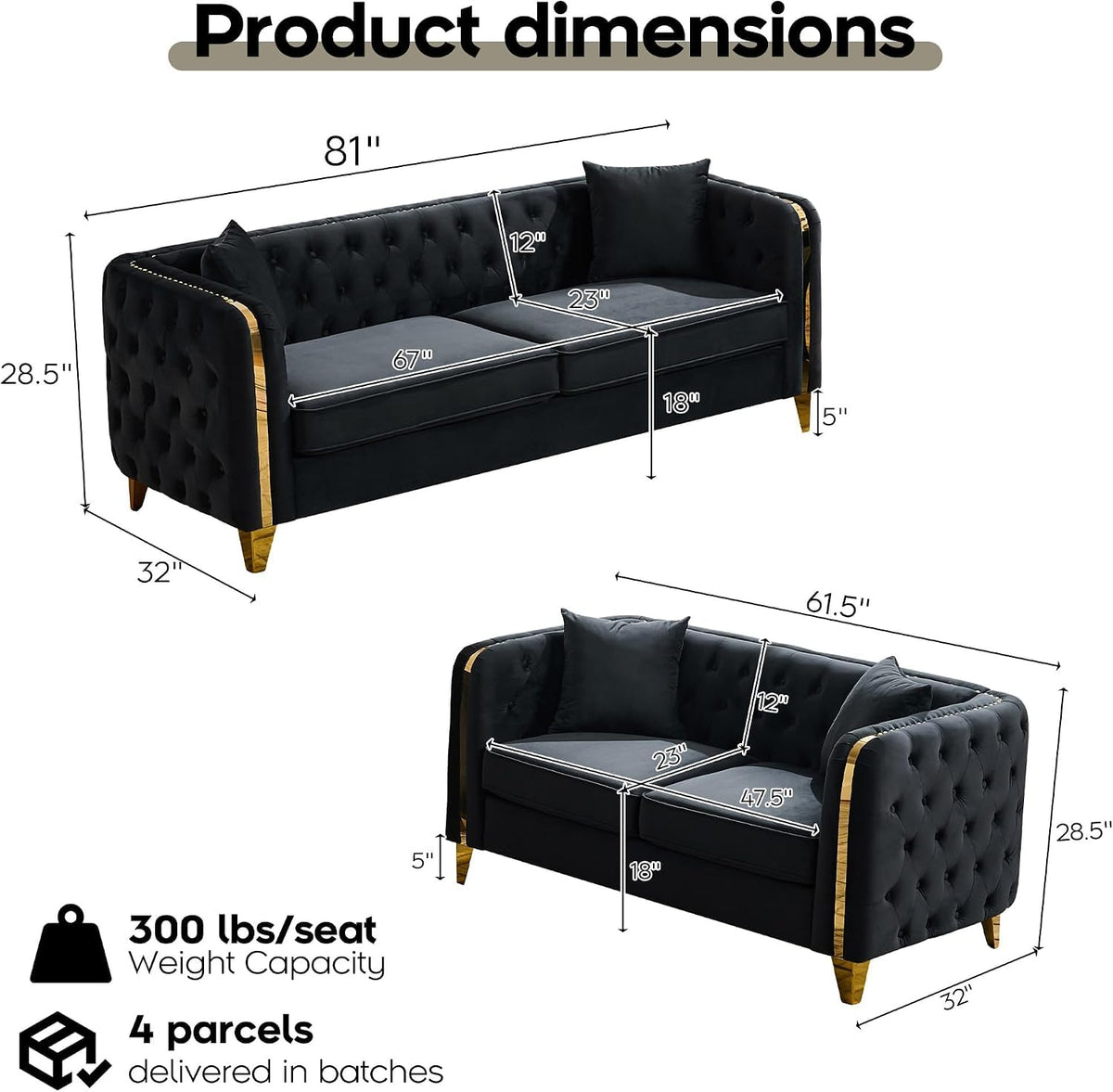 Velvet Chesterfield Sofa Set of 2, Mid Century Modern Deep Seat Loveseat + 3 Seater Couch with Golden Legs and Button Tufted, Upholstered Comfy Sofa with 2 Pillows for Living Room, Black Gold
