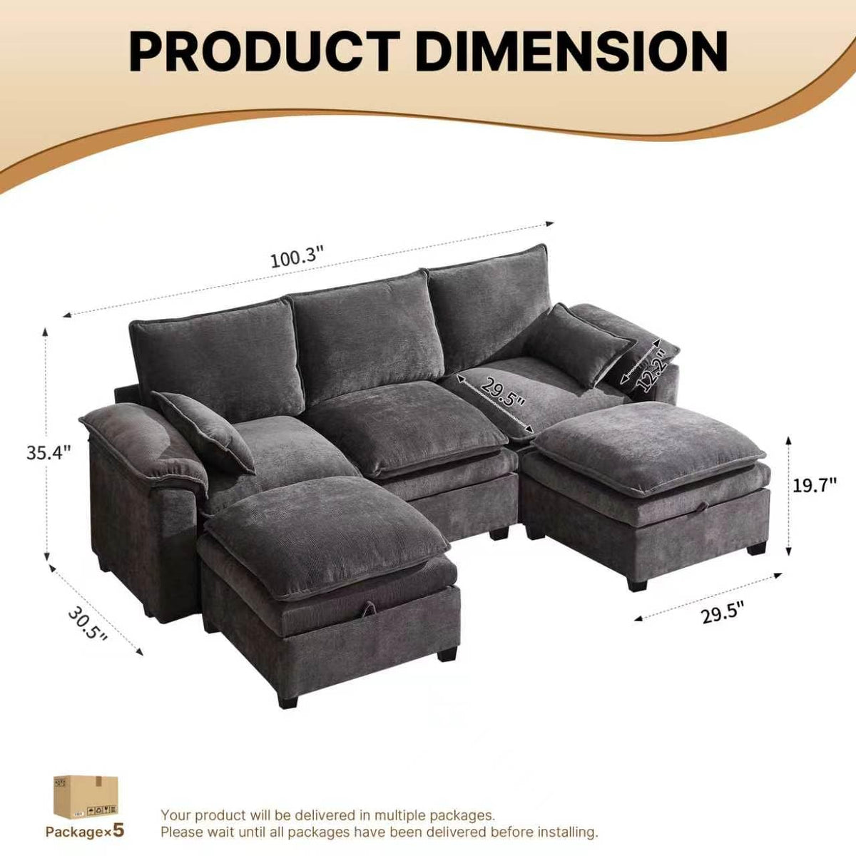 110" Modular Sectional Sofa with Storage, Premium Chenille Cloud Couch with Movable Ottomans, 1200lbs Heavy Duty Deep Seat Sectional, High-Density Foam