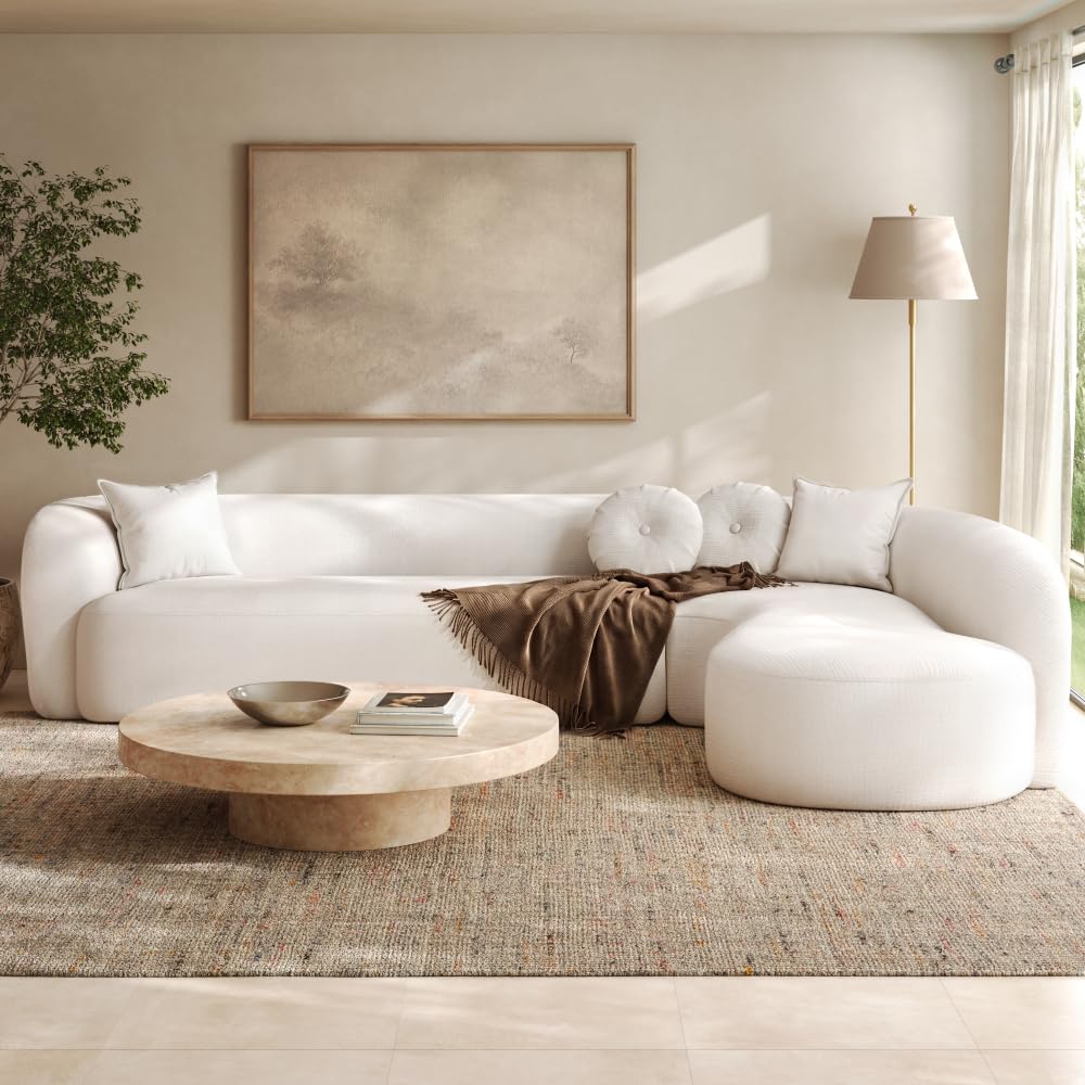 128" Cream White Chenille Upholstered Oversized Cloud Couch with Chaise for Living Room, Curved Corner Design, High-Density Foam, Deep Seating, No Assembly