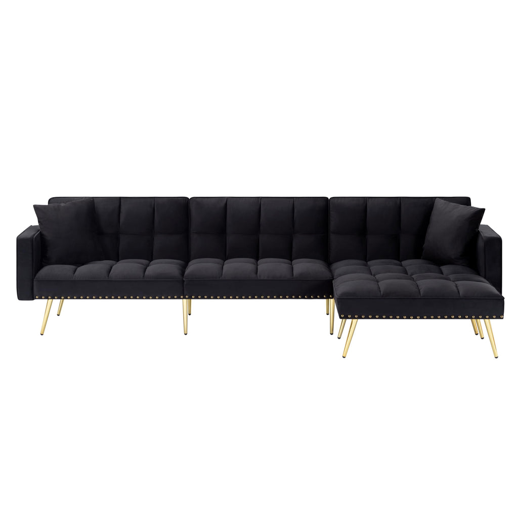 107in Sectional Sleeper Sofa with Split Back, Velvet, Golden Metal Legs, 5 Adjustable Positions, 2 Toss Pillows