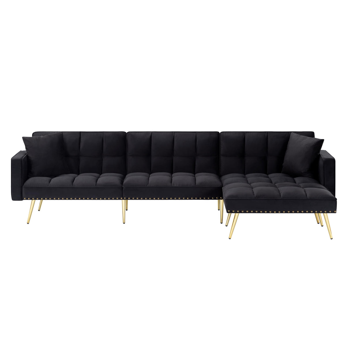 107in Sectional Sleeper Sofa with Split Back, Velvet, Golden Metal Legs, 5 Adjustable Positions, 2 Toss Pillows