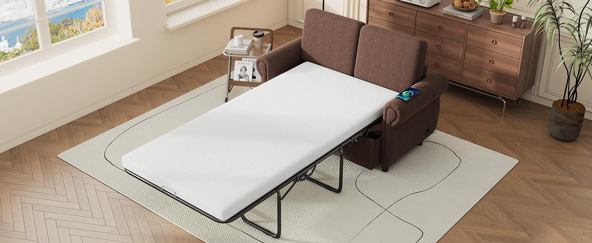 Tidyard 57.? Pull Out Sofa Bed Loveseat with Twin Memory Foam Mattress & 2 USB Ports, Brown for Living Room, Apartment, Dorm
