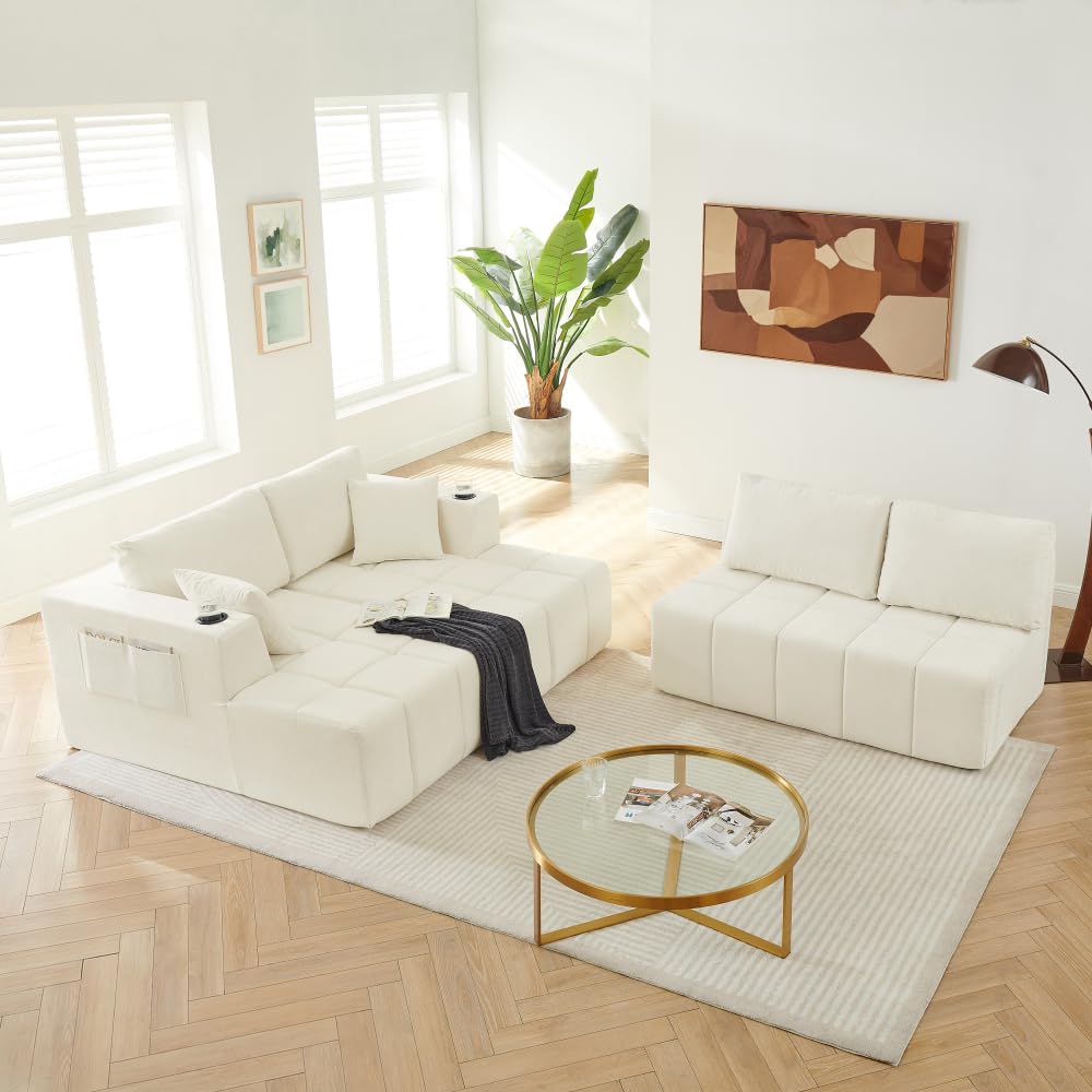 132" U-Shaped Chenille Sectional Sofa, Cloud Style Boneless Sofa with Lounges, Modern Upholstered Couch with Cup Holders & Side Pockets, Compression Sofa for Living Room (Beige + Chenille + 6 Seat)