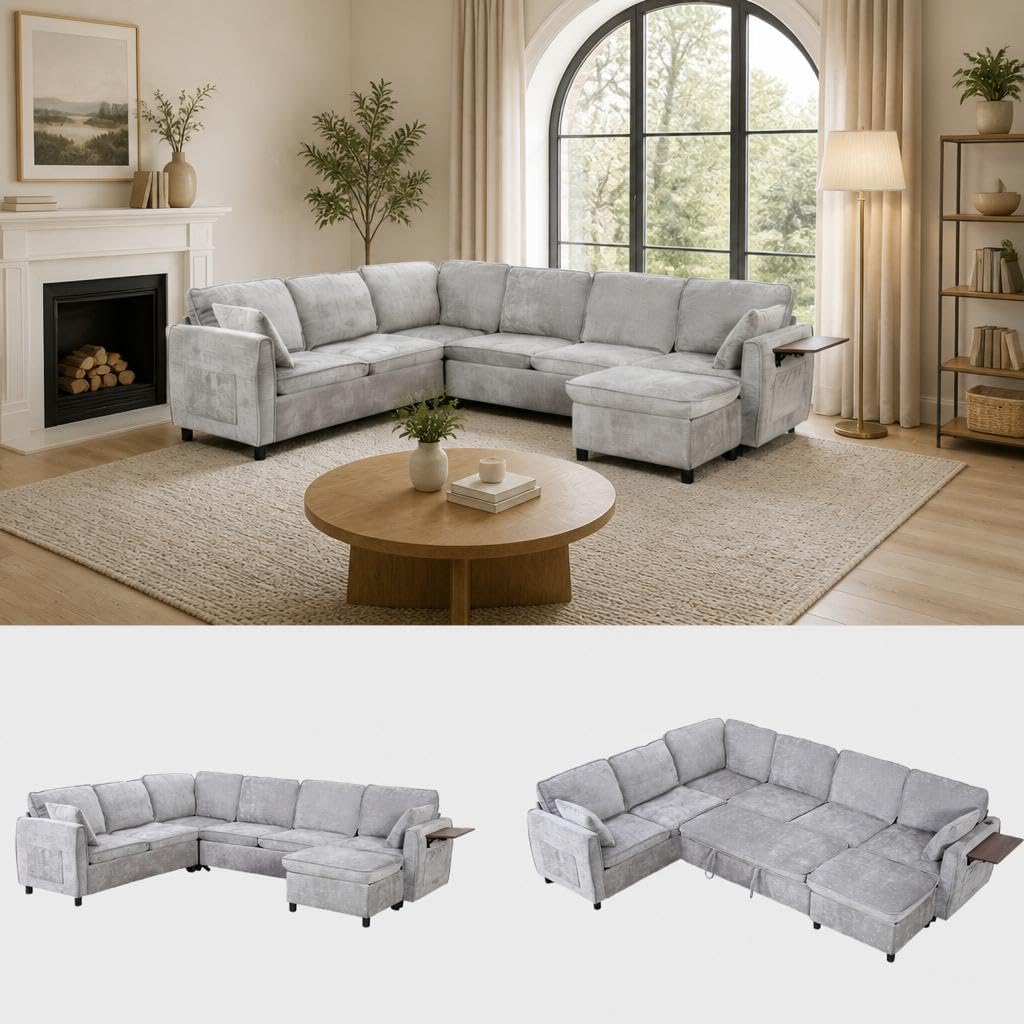 116" Modular Sectional Couch, U Shaped 7 Seater Sofa with Pull Out Bed, Chenille Cloud Upholstery, Ottoman, Folding Side Table, USB Charging Stations, Grey