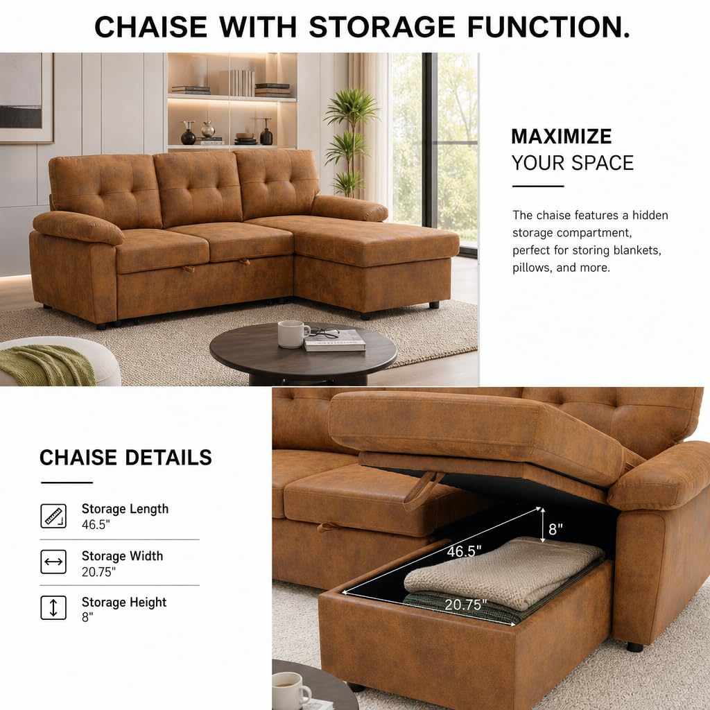 Tufted Sectional Sleeper Sofa Pull Out Couch Bed Modern Corner Couch