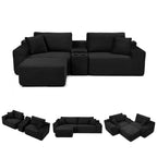 111" L Shape Boneless Couch with Cup Holders & USB Ports, 3 Seater Sectional Modular Couch with Storage Ottoman, Compressed Sofa Boneless Loveseat with for Living Room & Apartment, Jet Black