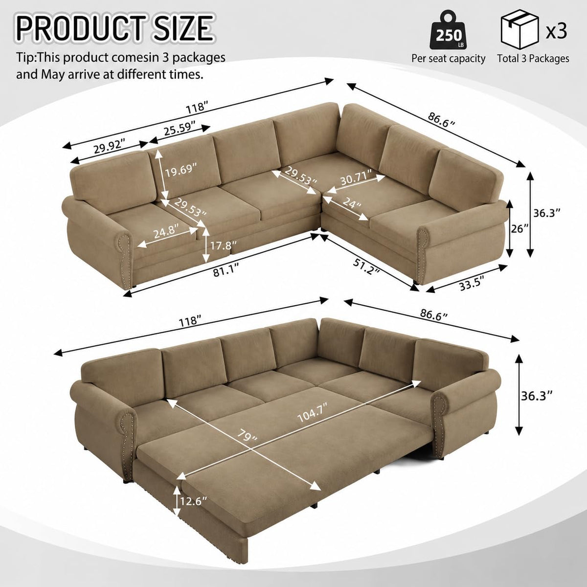 118" Sectional Sleeper Sofa with Pull Out Bed Chenille 6 Seater Couch