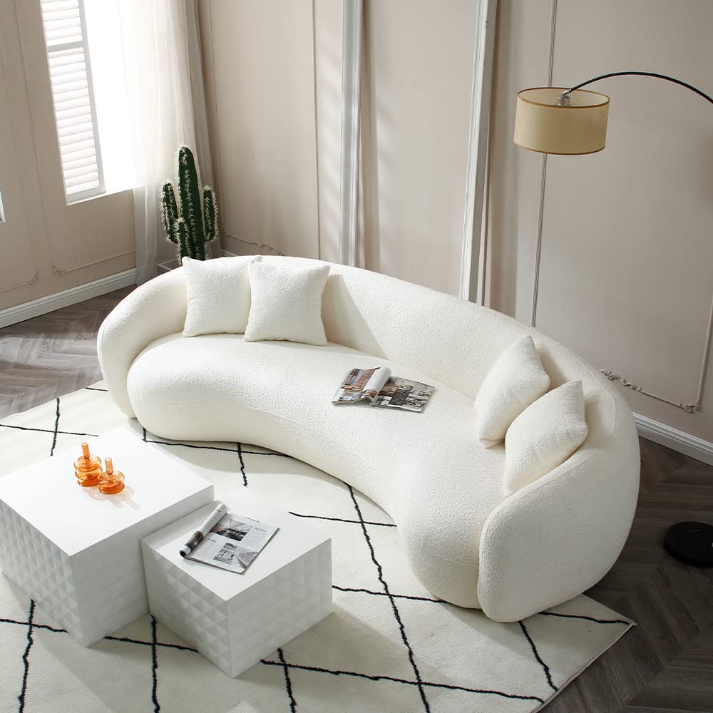 102'' 5-Seater Boucle Sofa Modern Sectional Half Moon Leisure Couch Curved Sofa Teddy Fleece Fabric (White)