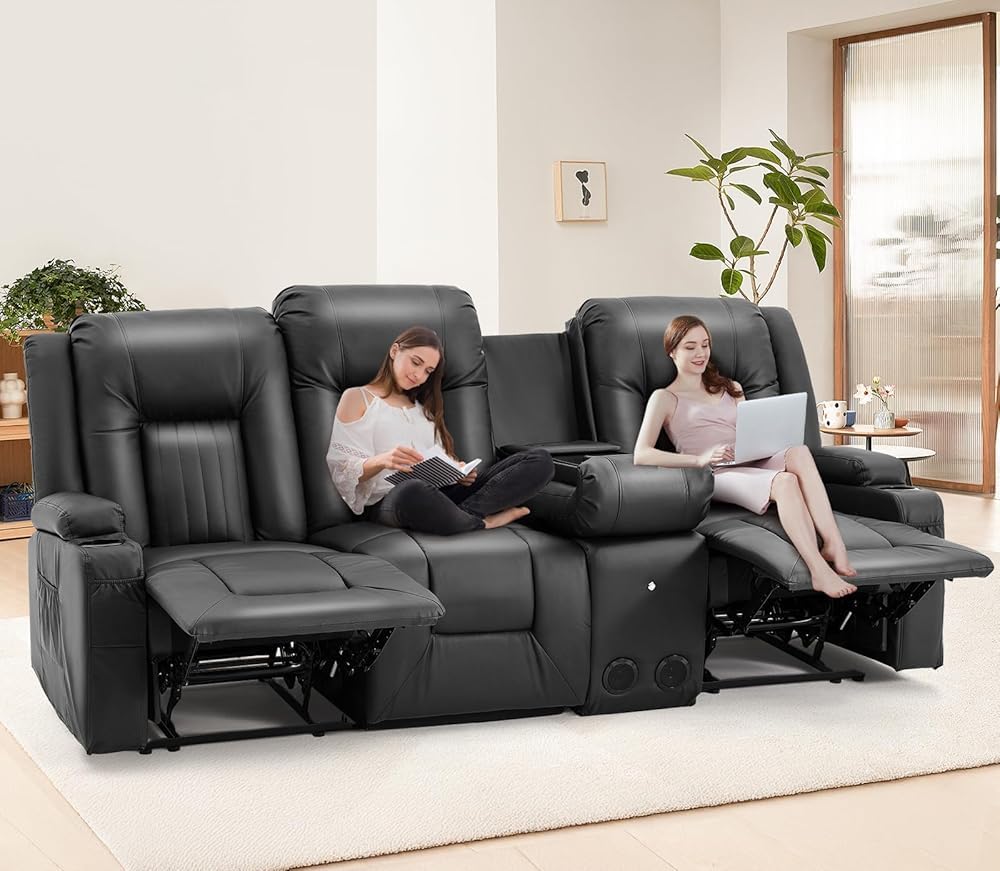 YODOLLA Reclining Loveseat Sofa with Dual Center Console, 4 Cup Holders, 2 Side Pockets, Manual Wall Hugger Recliner Couch for RV and Living Room, Faux Leather Brown