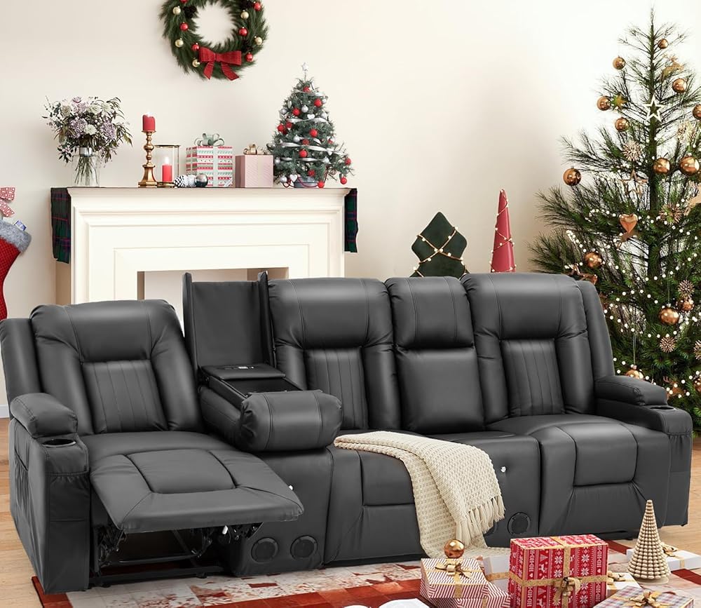 YODOLLA Reclining Loveseat Sofa with Dual Center Console, 4 Cup Holders, 2 Side Pockets, Manual Wall Hugger Recliner Couch for RV and Living Room, Faux Leather Brown
