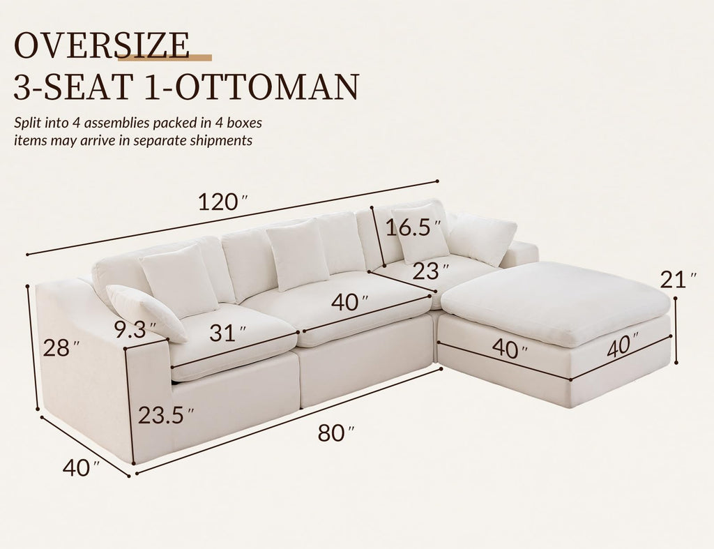 120" Cloud Sectional Couches -Oversized Modern Modular Sofa with Curved Handrail, Convertible L-Shape Couch with Ottoman,4 Chenille Seater Modular Sectional Sofa for Living Room,White