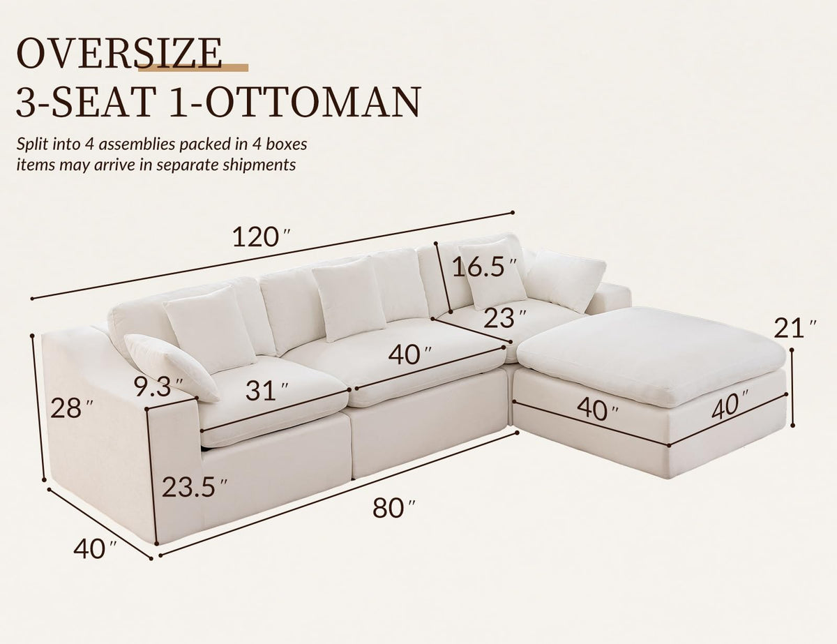 120" Cloud Sectional Couches -Oversized Modern Modular Sofa with Curved Handrail, Convertible L-Shape Couch with Ottoman,4 Chenille Seater Modular Sectional Sofa for Living Room,White