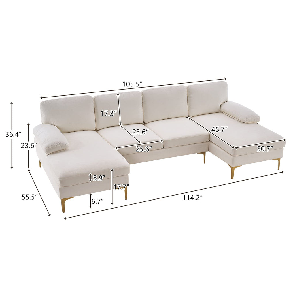U-Shaped Sectional Sofa with Double Chaise, 113" Modern Modular 4-Seat Chenille Fabric Couch for Living Room, Comfortable Large Sofa with Gold-Plated Legs & Back Pillows, Creamy-White