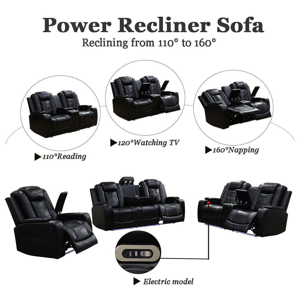 A Ainehome Power Leather Recliner Sofa Set with LED Lights, Recliner Sofa Sectional Couches for Living Room, Reclining Sofa, loveseat, Chair with USB Port/Storage Console/Cup Holder(black,3-piece set)