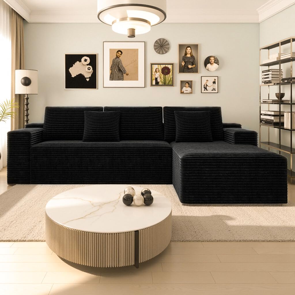 Tidyard Modular Sectional Sofa, No Assembly Required 104.3 Inch Plush Corduroy Fabric Reversible Chaise Lounge Couch for Living Room Bedroom Apartment