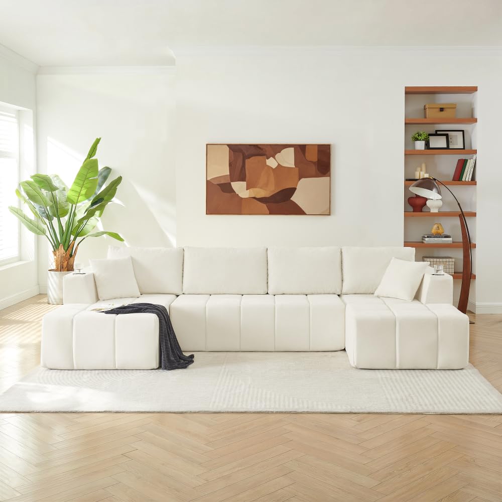 132" U-Shaped Chenille Sectional Sofa, Cloud Style Boneless Sofa with Lounges, Modern Upholstered Couch with Cup Holders & Side Pockets, Compression Sofa for Living Room (Beige + Chenille + 6 Seat)