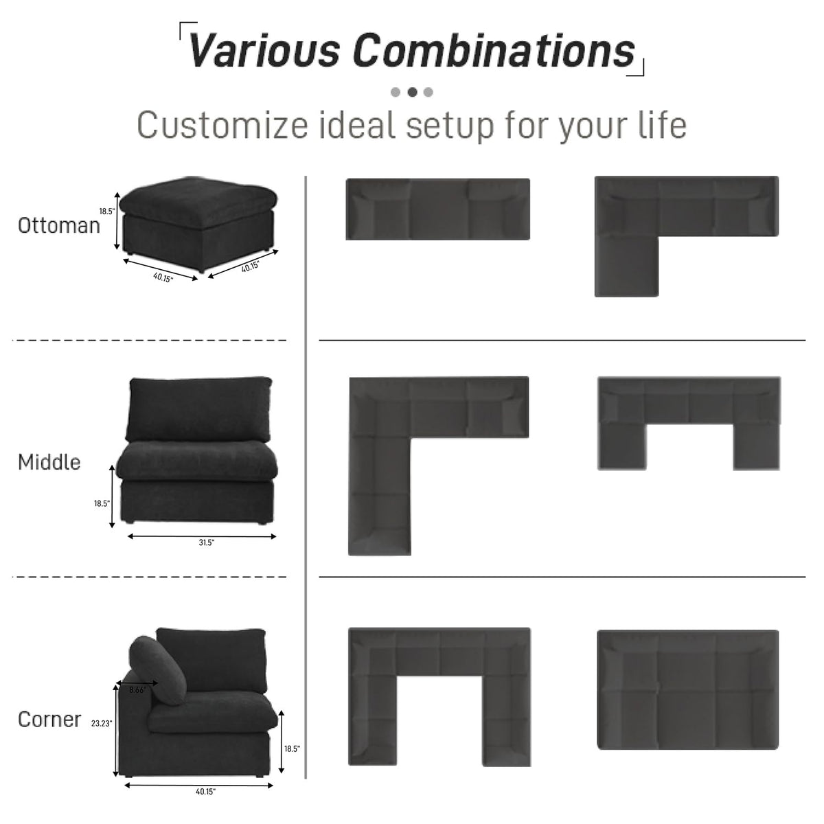 WJShome Cloud Couch Modular Sectional Sofa,160.6" Down Filled 5 Seater Convertible Sectional Sofas,V Shaped Couch for Living Room,Covers Washable&Replaceable (Black)