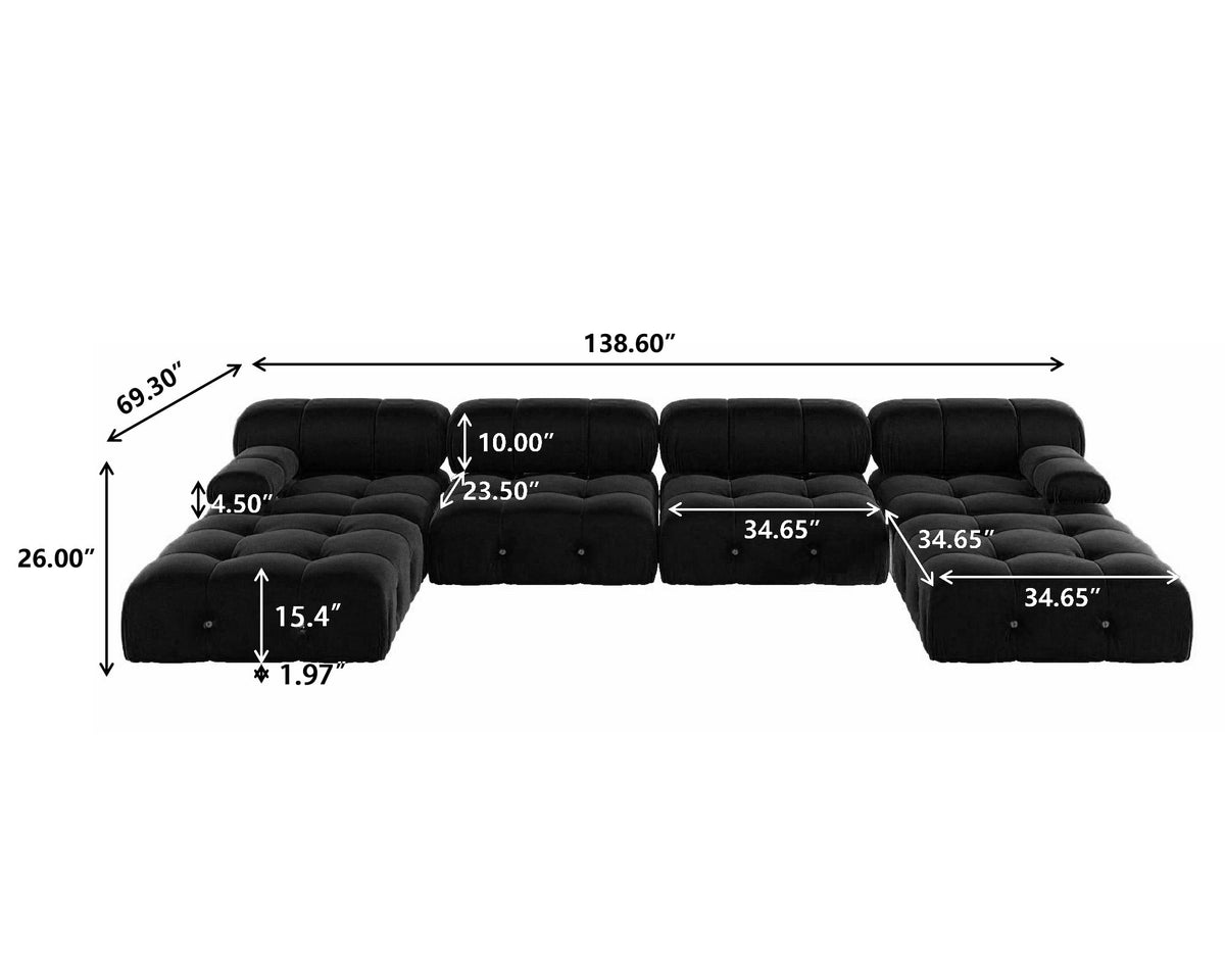 WJShome Modular Sectional Sofa,Velvet U Shaped Couch with Reversible Chaises,138.60 inch Minimalist Couch,4 Seater Free Combination Sofa with 2 Ottoman,Black