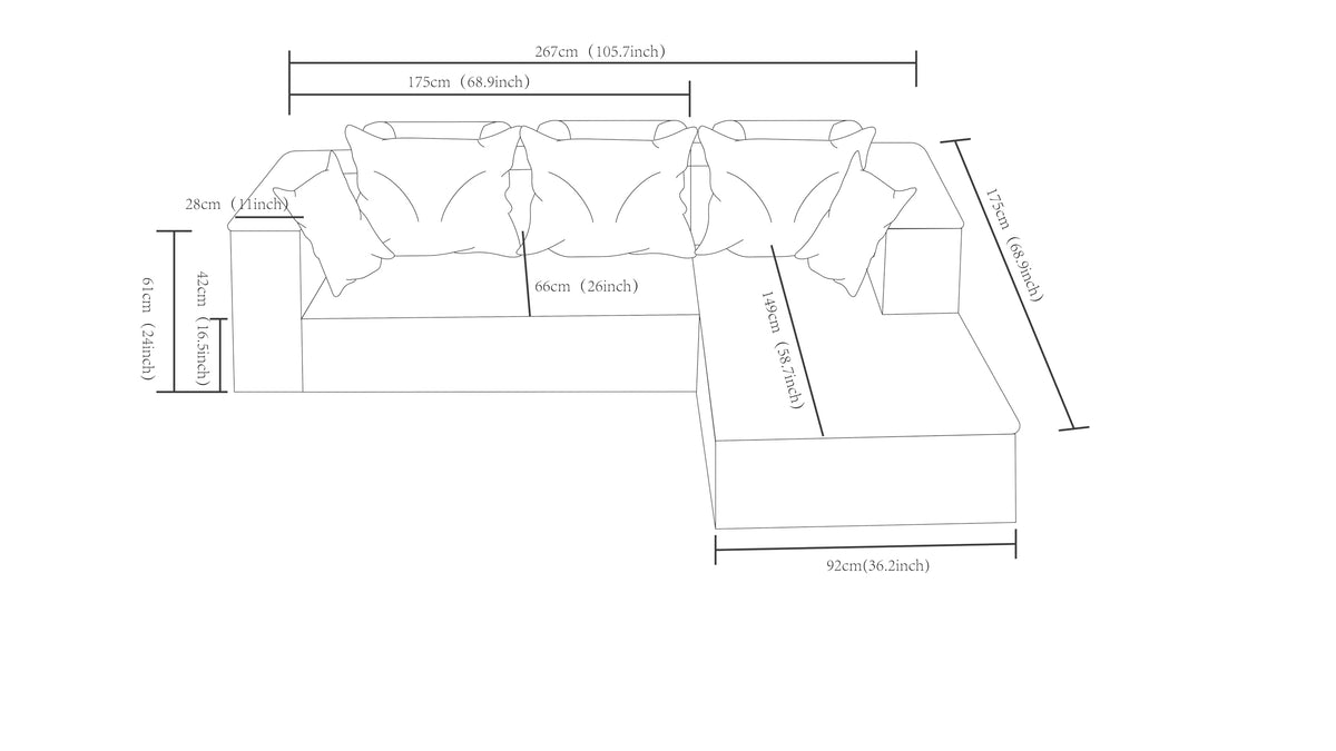 105" Cloud Sectional Couch with L Shape Chaise,Modular Sofa with Deep Seat, Upholstered Couches for Living Room Bedroom,No Assembly Required, (Plush Corduroy Fabric),Grey