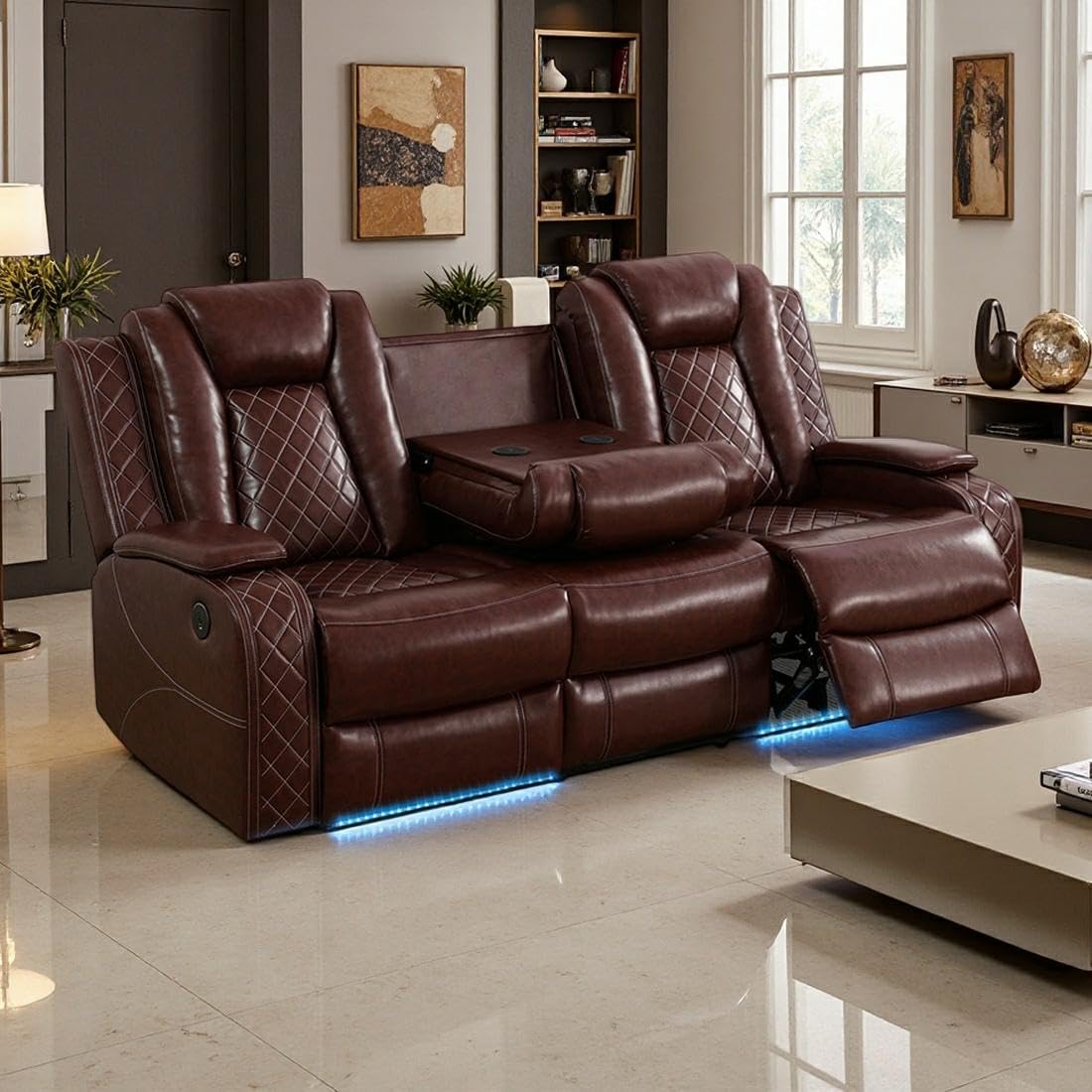 Power Recliner Sofa Set with LED Light, Black Leather Sectional Sofa and Chair Set, Living Room Furniture Sets, Modern Power Reclining Sets with Storage Console for House