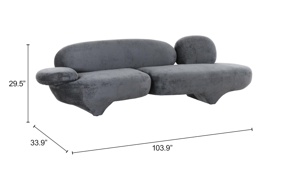 Zuo Oblak Sofa Storm Gray, Gray Sofa, Modern Style, Velvet, Seats up to 3, MDF, Indoor Living, 103.9" W x 33.9" D x 29.5" H, Non-Stackable