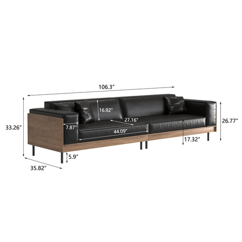 106" Black Leather 4‑Seater Wood Frame Modular Sofa Large Size