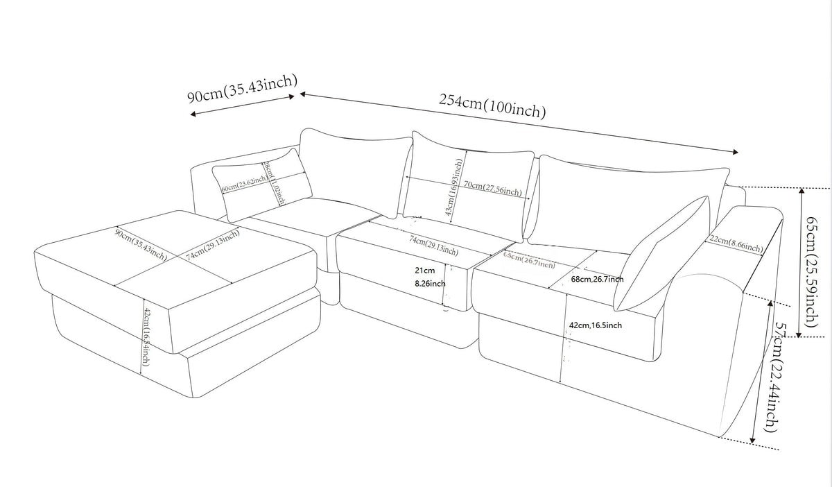 100" Sectional Boneless Couches Set for Living Room, Movable L Shaped Upholstered Modular Couch with 5 Pillows, DIY Combination Cloud Sofa for Apartment & Bedroom, Camel