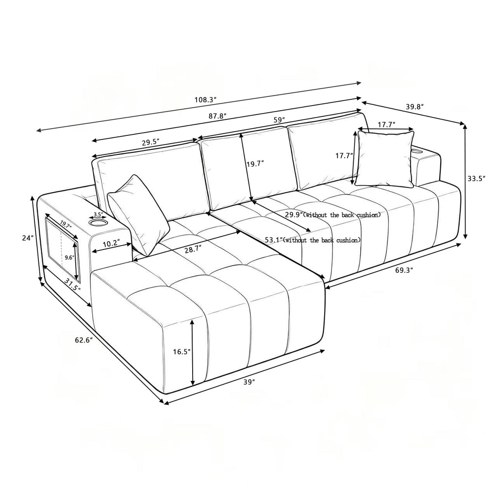 108" Oversized Cloud Boneless Sofa Couch with Chaise, Modern Tufted Chenille L Shaped Modular Sectional Sofa with Deep Seat, Comfy Corner Couch with Cupholders and Storage, No Assembly Required