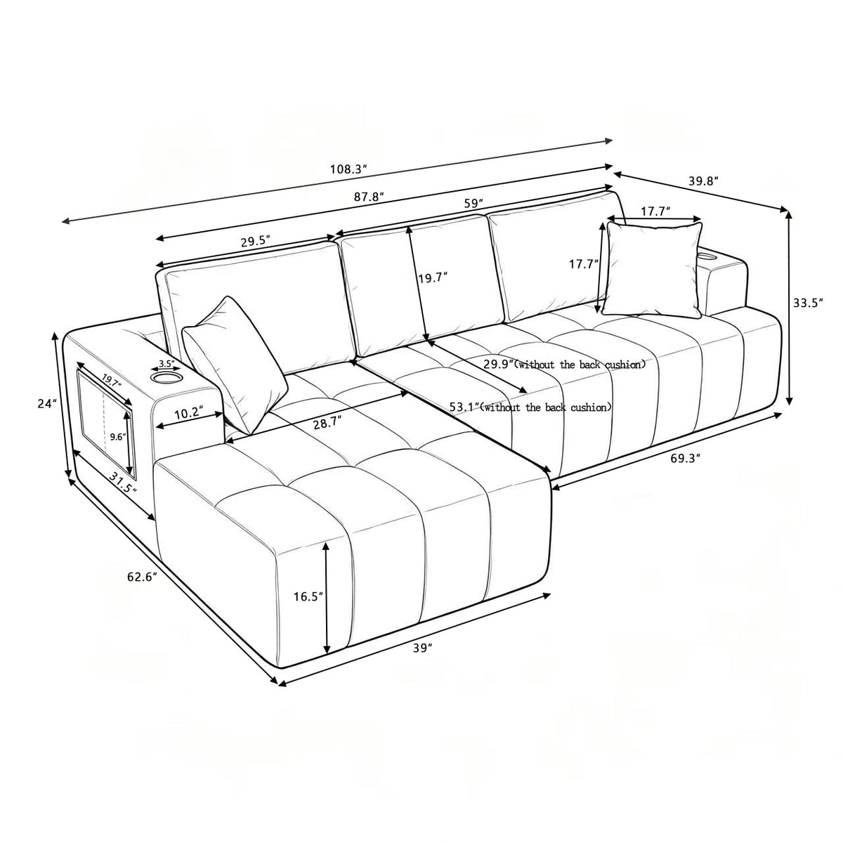 108" Oversized Cloud Boneless Sofa Couch with Chaise, Modern Tufted Chenille L Shaped Modular Sectional Sofa with Deep Seat, Comfy Corner Couch with Cupholders and Storage, No Assembly Required