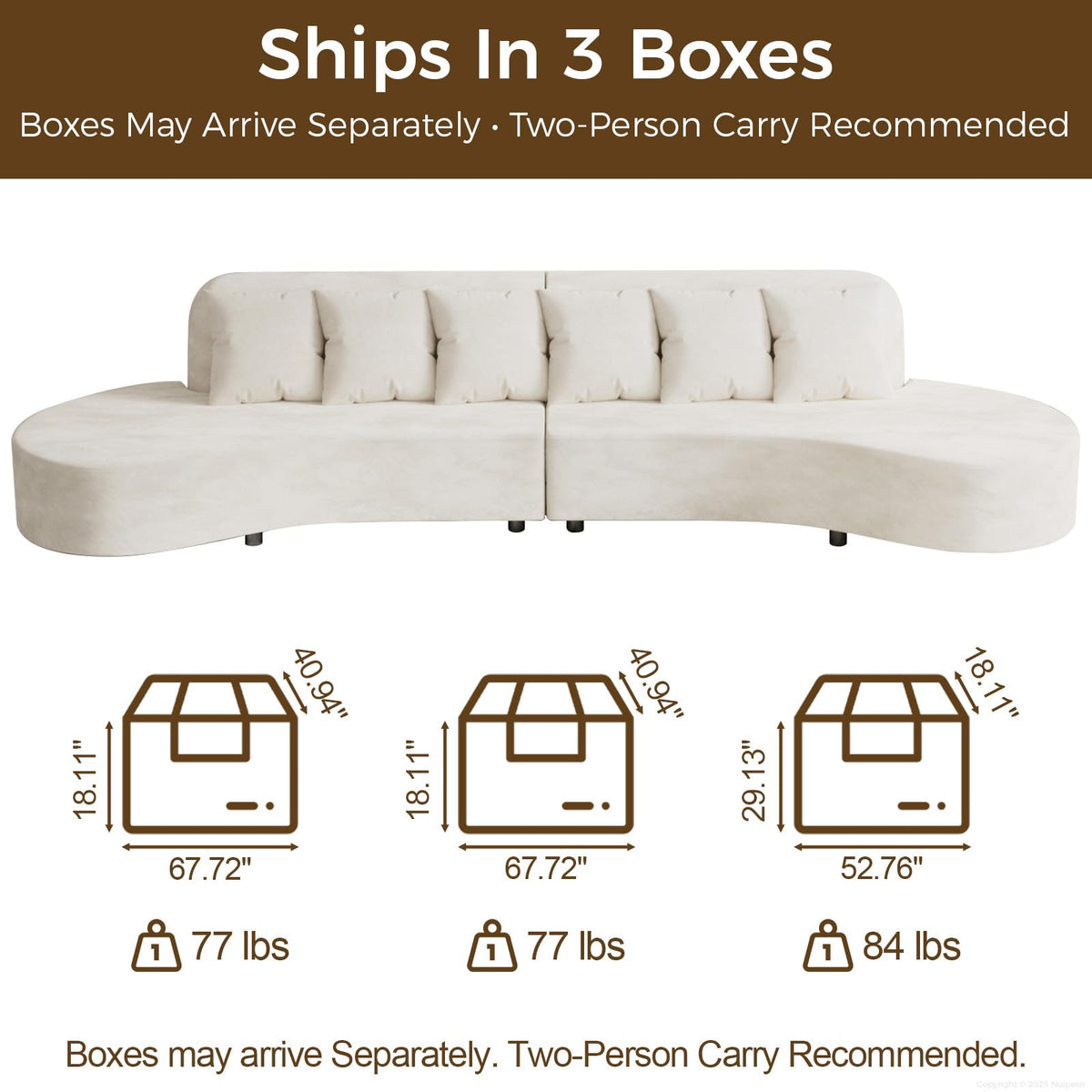134" Curved Modular Sectional Sofa, Half-Moon Armless Velvet Couch with 6 Pillows, Solid Wood Frame, High-Density Foam, Connector Plates Included, for Living Room/Reception, Off-White