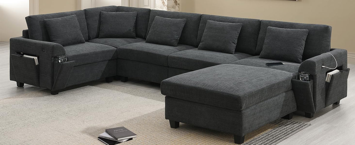 Tidyard 12? U Shaped Sectional Sofa with Ottoman, 6-Seater Chenille Couch Set, Hidden Storage, Cup Holders & USB Ports, Modern Living Room Sofa for Apartment, 2 Color Options