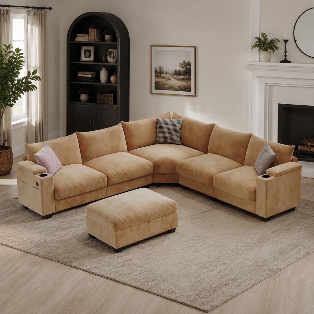 107.1" L-Shaped Modular Sectional Sofa with Storage Ottomans, 6-Seat Deep Seat Sofa with Armrest Storage, Cup Holders & USB Type-C Charging, Sectional Couches for Living Room (Grey)